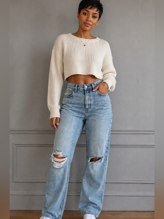 Good American Denim - Good American Straight Leg Jeans 10/30 Light Wash Distressed High Rise